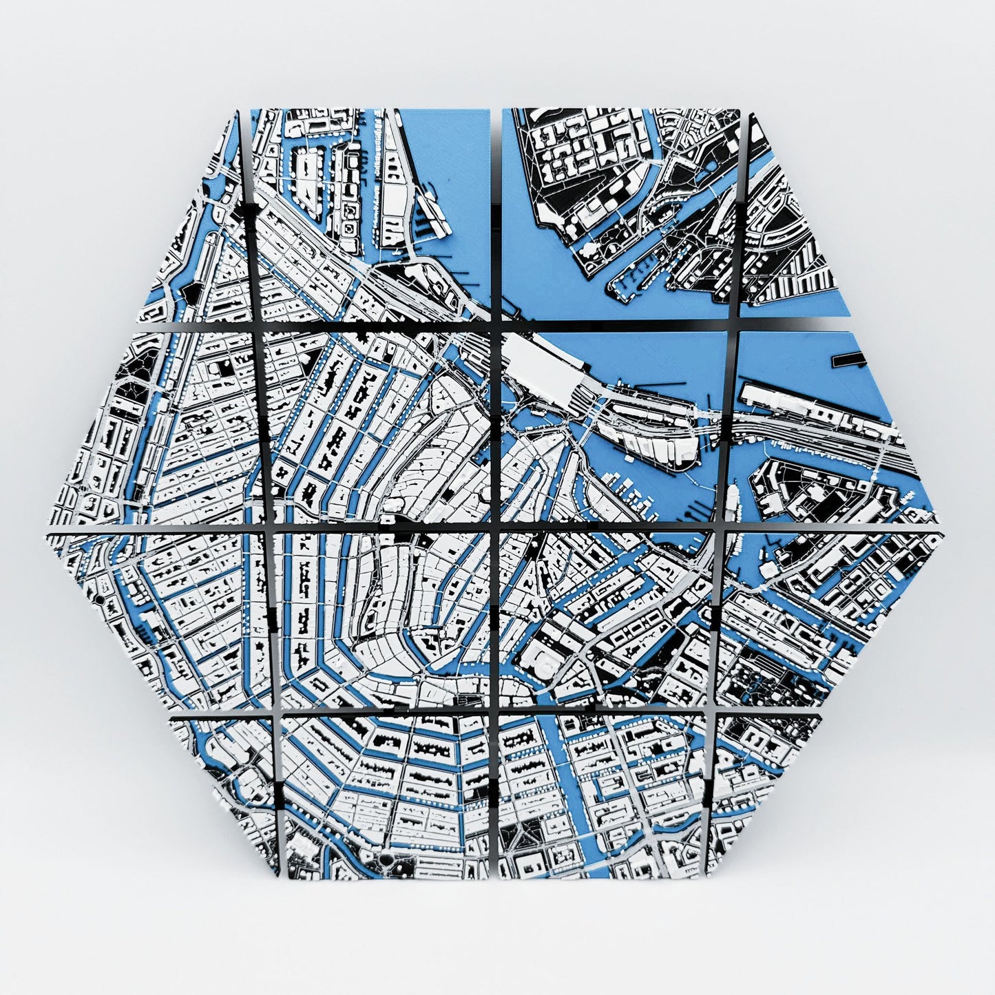 3D-kart av Amsterdam – Sekskantet veggdekor i 16 deler – 36x32cm